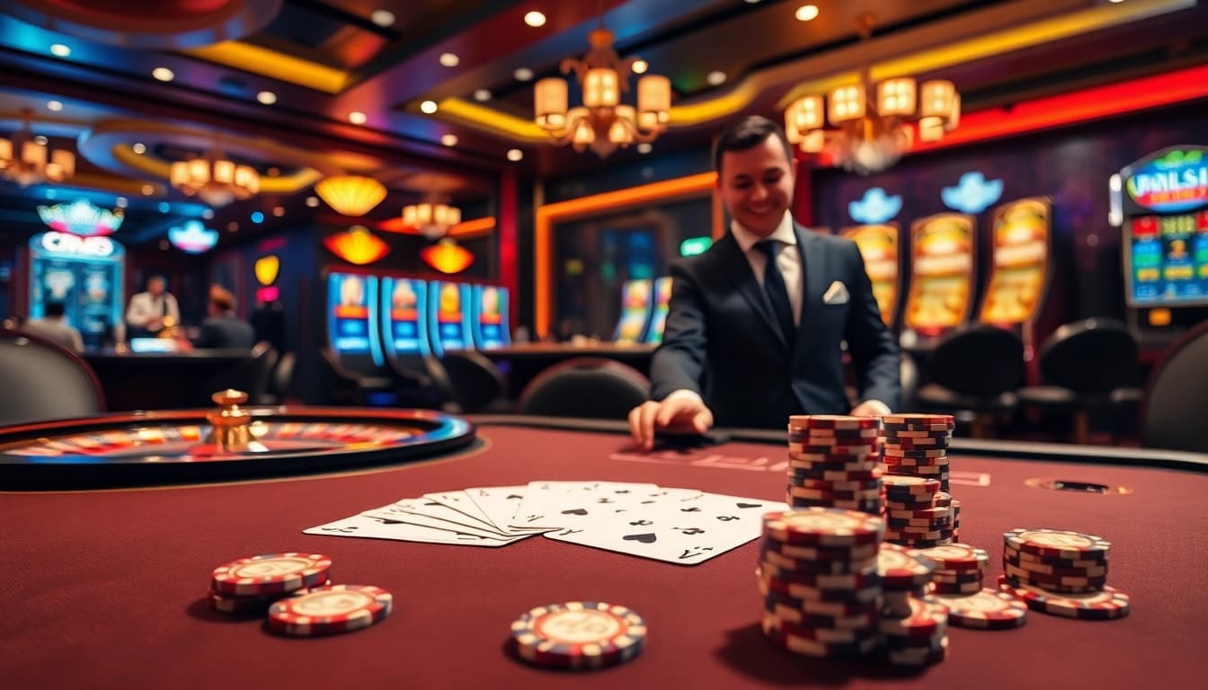 Experience thrilling moments at https://vn88.gives/ with an elegant poker table showing winning cards and vibrant casino lights.