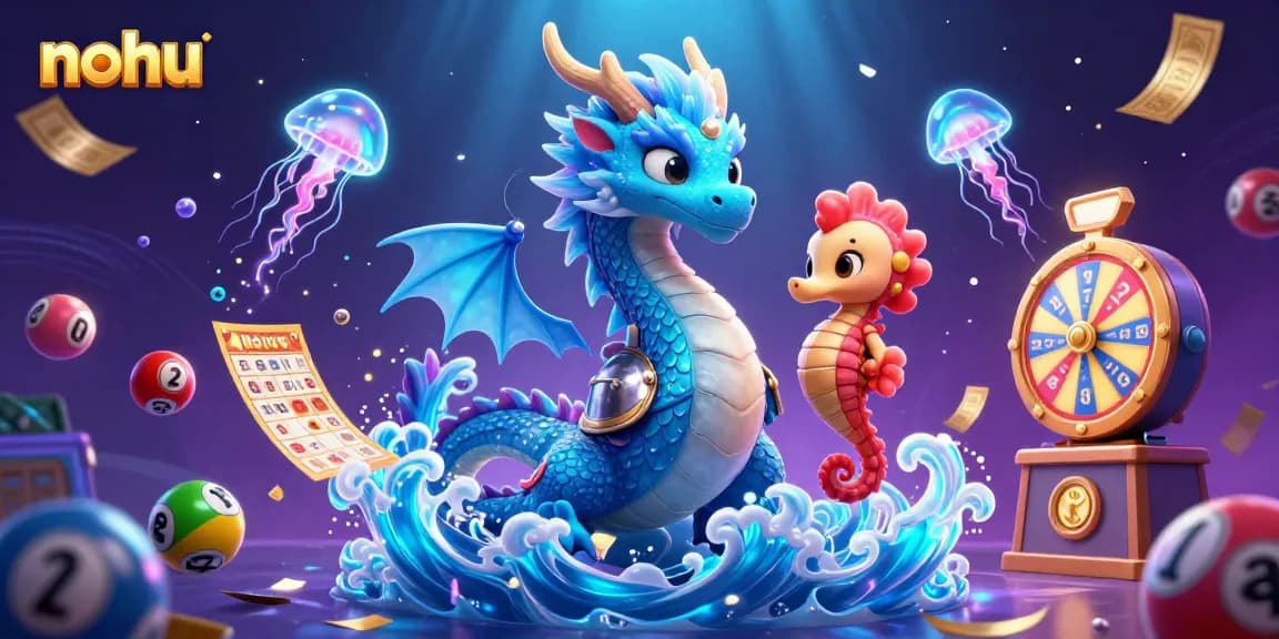 Experience nohu's vivid gaming scene with a glowing water dragon and exciting casino elements!