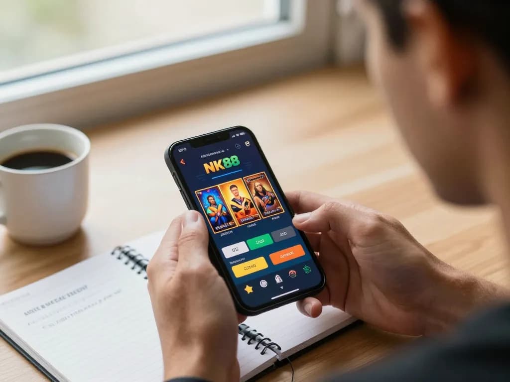 Engaging in NK88 mobile casino gaming, showcasing the betting app and strategic notes in a cozy setting.