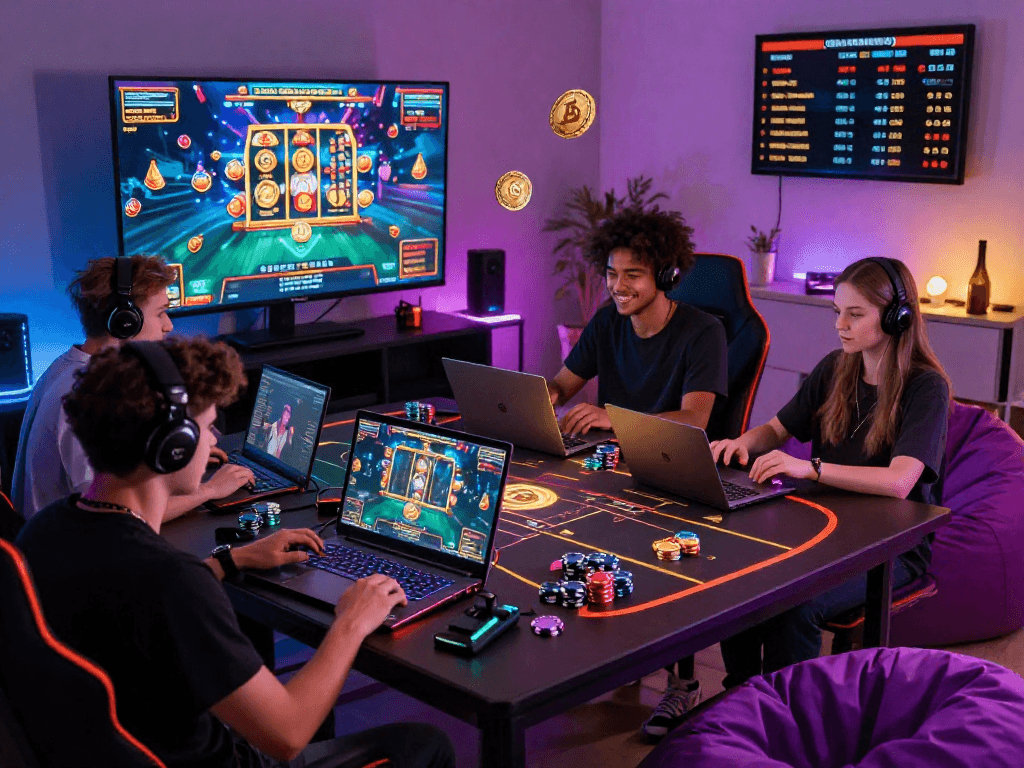A group of gamers immersed in an engaging crypto casino game, showcasing vibrant setups and dynamic digital displays.