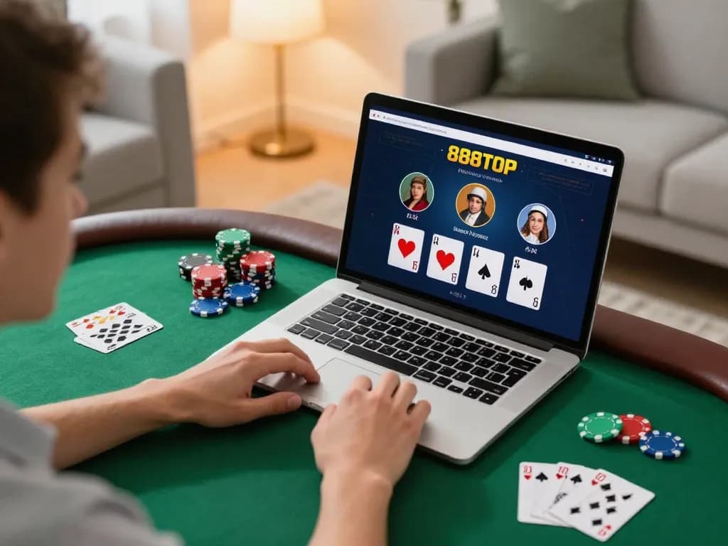Engaging with 888top poker online in a cozy home environment, showcasing strategic gameplay.