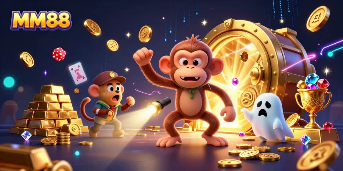 MM88's playful poltergeist monkey juggles golden coins in a lively casino scene.