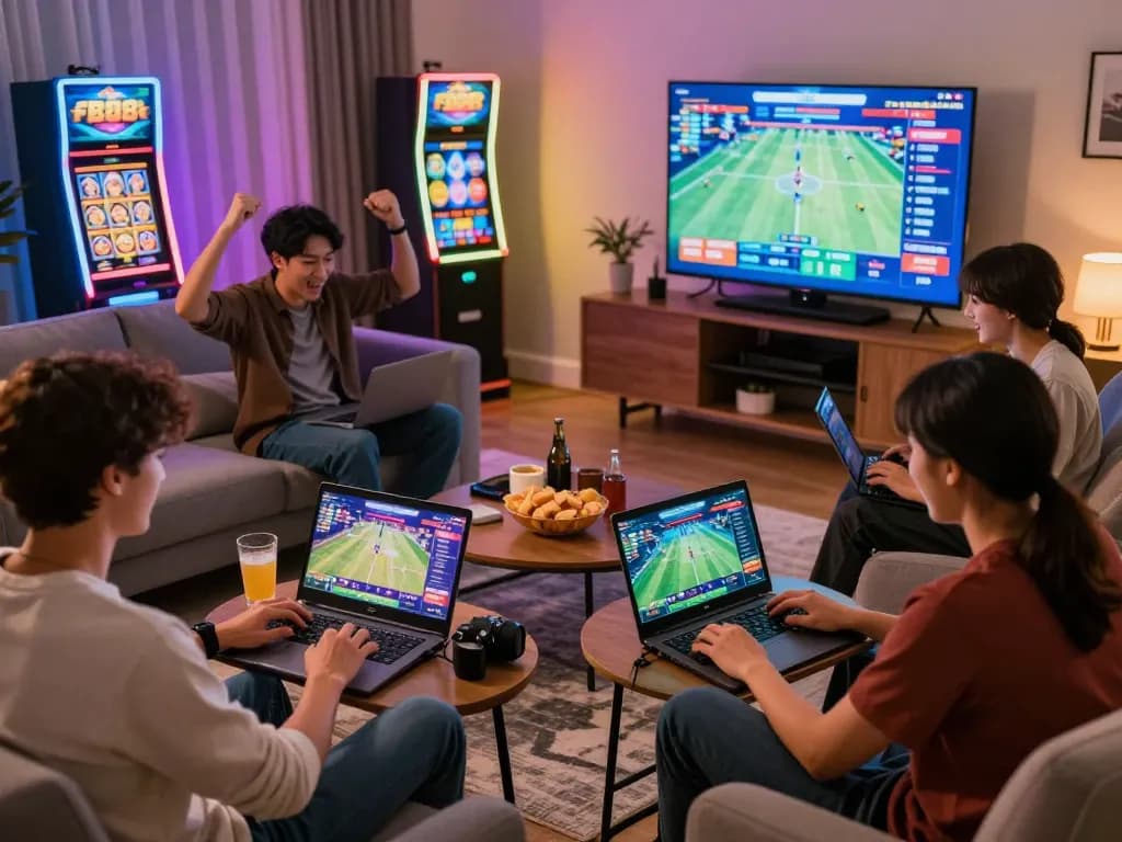Engaging scene of friends enjoying online gaming at FB88 with laptops and snacks.