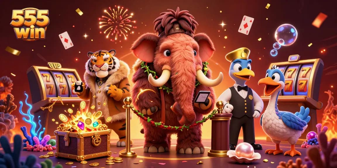 Win big with 555 win in this vibrant casino-themed digital illustration filled with excitement.