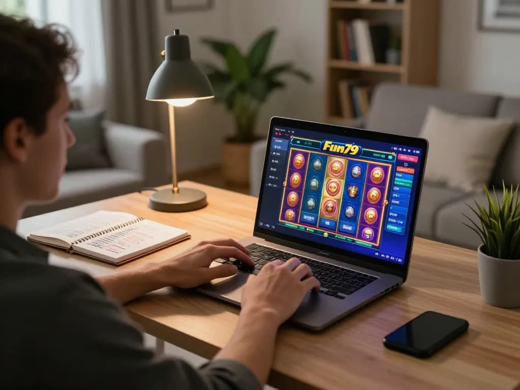 Betting on Fun79 with a relaxed setup and laptop for online gaming at home