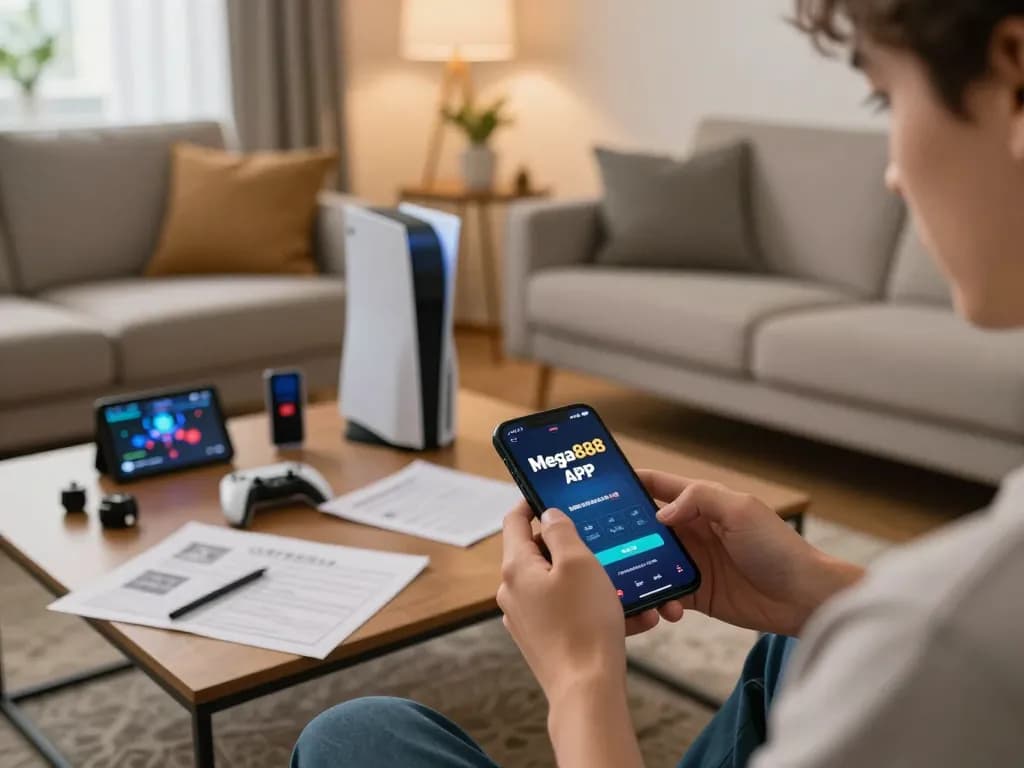 Download Mega888 APK on smartphone, showcasing mobile gaming setup in cozy environment.