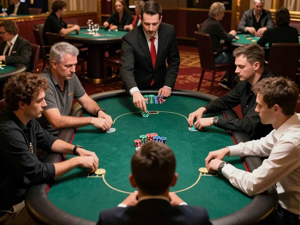 Players engaging in a strategic poker match at F168 COM, highlighting competitive atmosphere and luxury setting