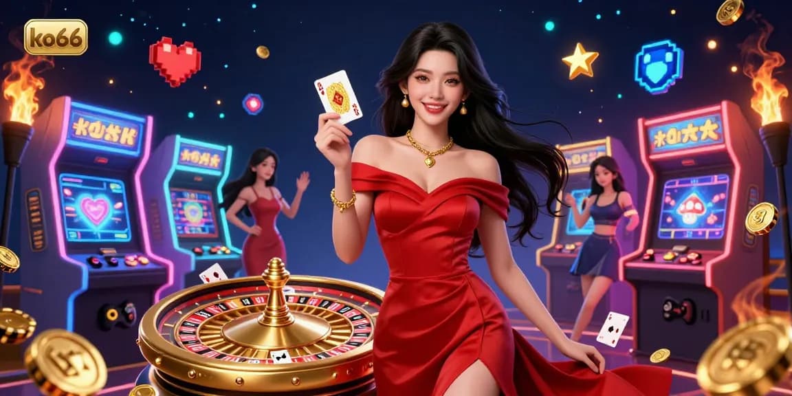 Experience gaming excitement at ko66 with a young woman showcasing a golden playing card beside a roulette wheel.