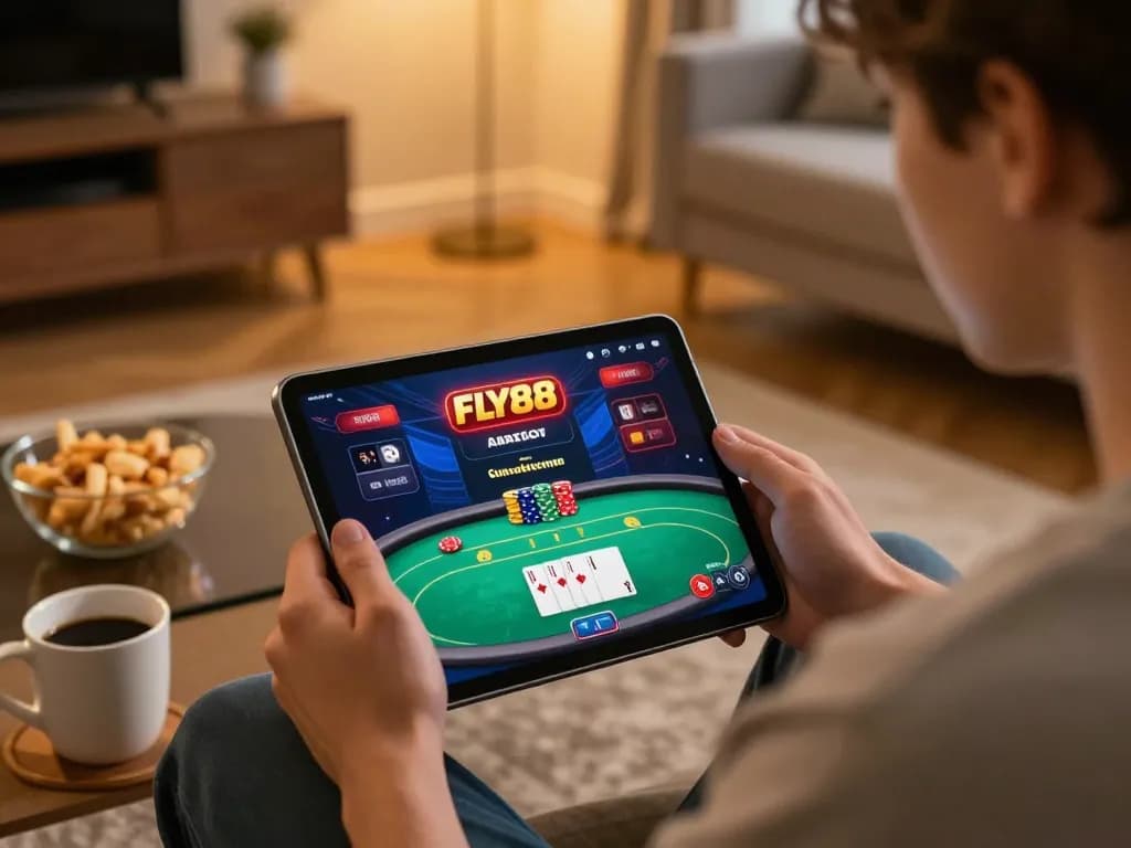 Engaging with the FLY88 casino app on a tablet, enjoying a strategic online gaming experience.
