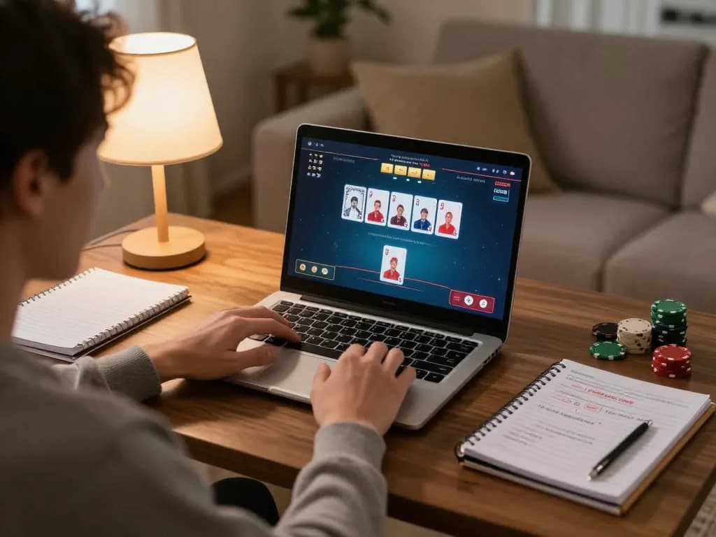 Player enjoying a go8 poker game on a laptop in a cozy home setting, combining relaxation with strategic gambling action.