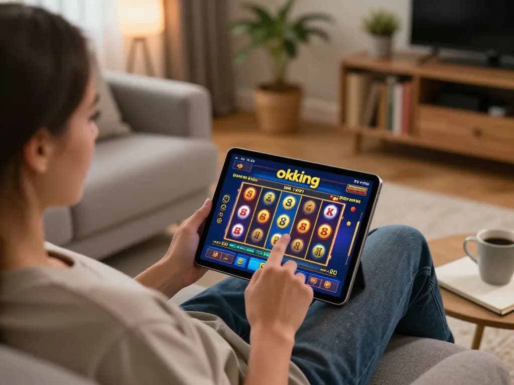 Experience the excitement of online gambling with okking app on a tablet in a cozy setting.