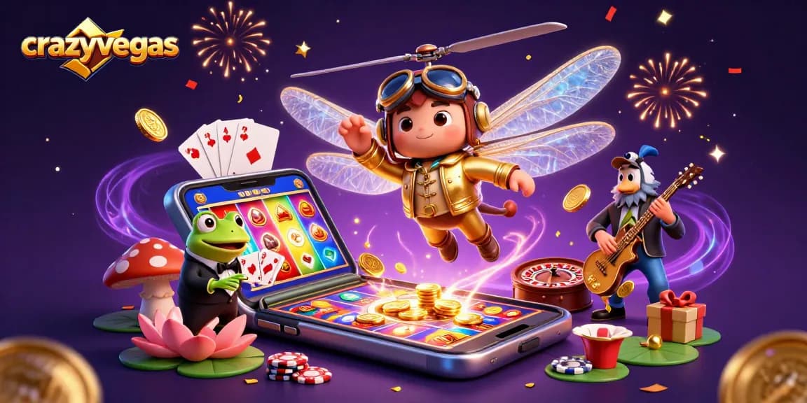 Crazy Vegas showcases a vibrant 3D casino scene with a dragonfly pilot, frog dealer, and jazz band, highlighting exciting gaming action.
