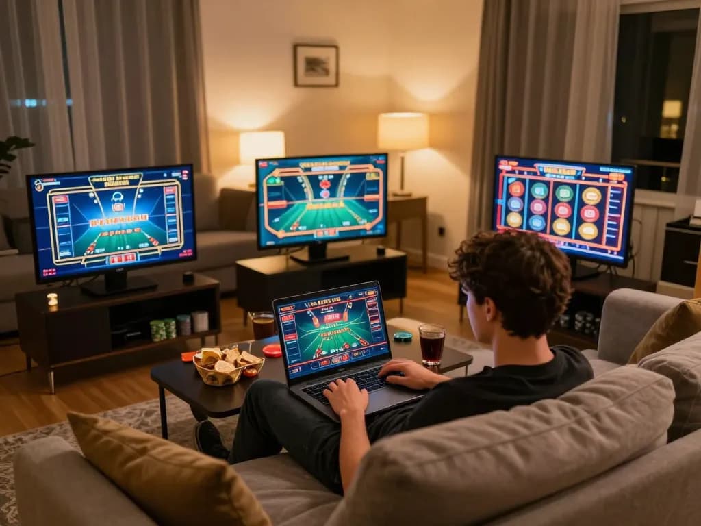 Player engaging in online gaming with win68, showcasing a vibrant home casino atmosphere.