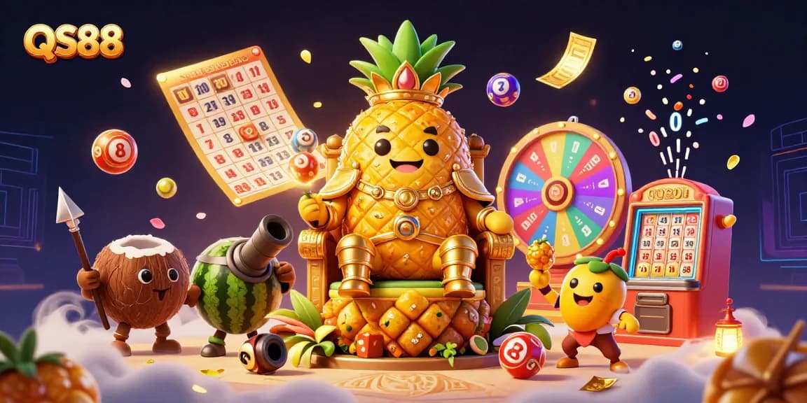 Engage with QS88's vibrant beach casino, animated characters, and exciting lottery elements.
