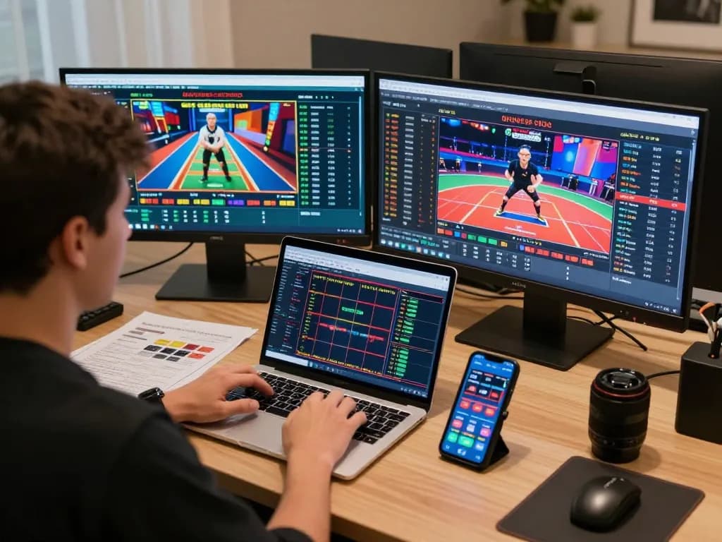 Player engaging with Lc88 betting platform, using laptop and phone in a modern home office