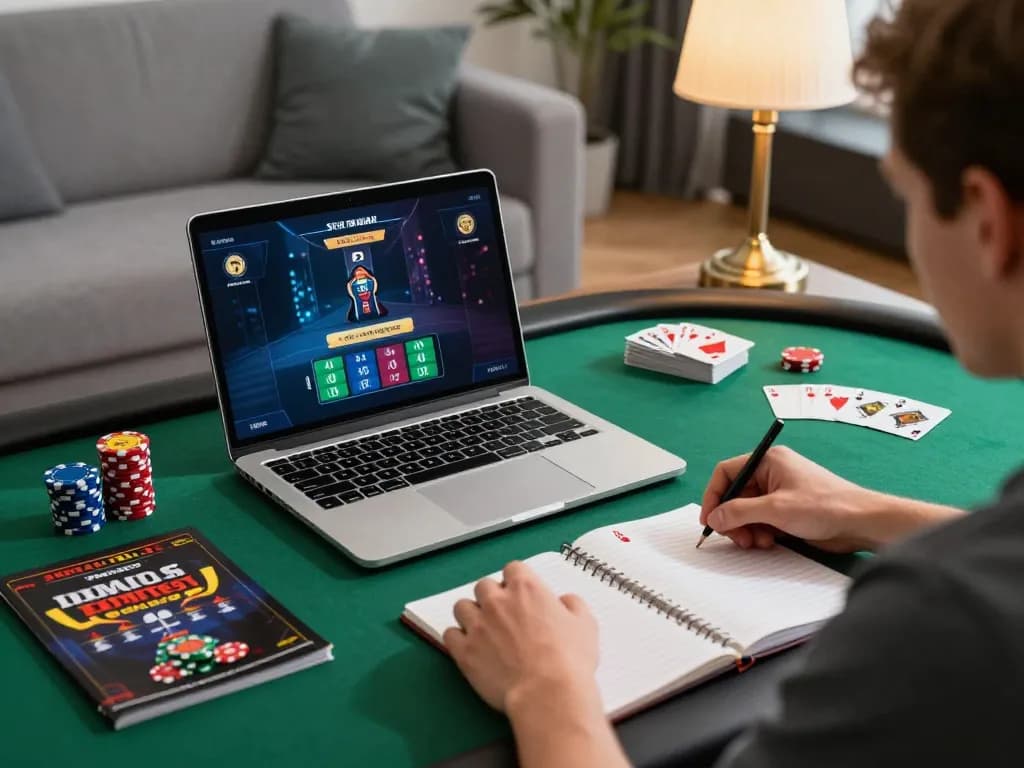 Player engaging in strategic online poker gaming on Sky88 amidst focused ambiance and betting notes.