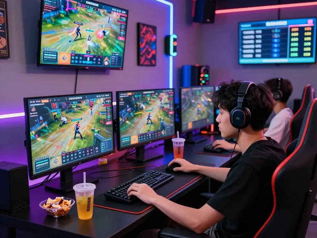 BEM88 online gaming atmosphere with player engrossed in competitive gameplay, showcasing vibrant screens and LED lights.