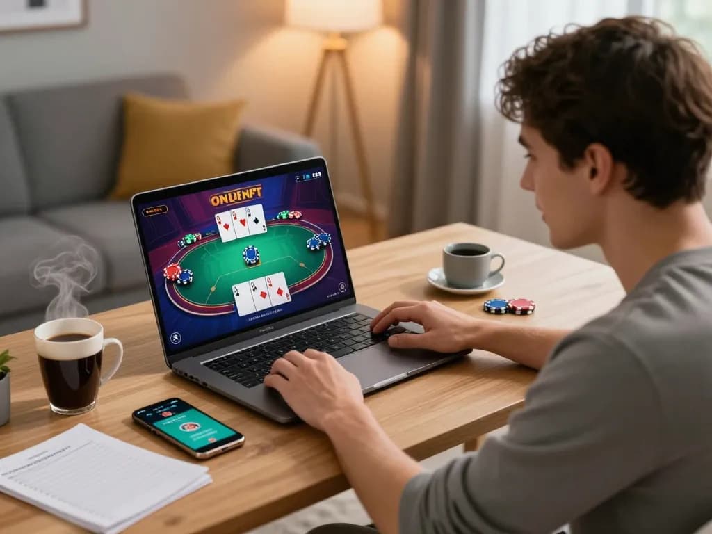 Player enjoying qq88 online poker game on laptop with strategic notes in a cozy home setting.
