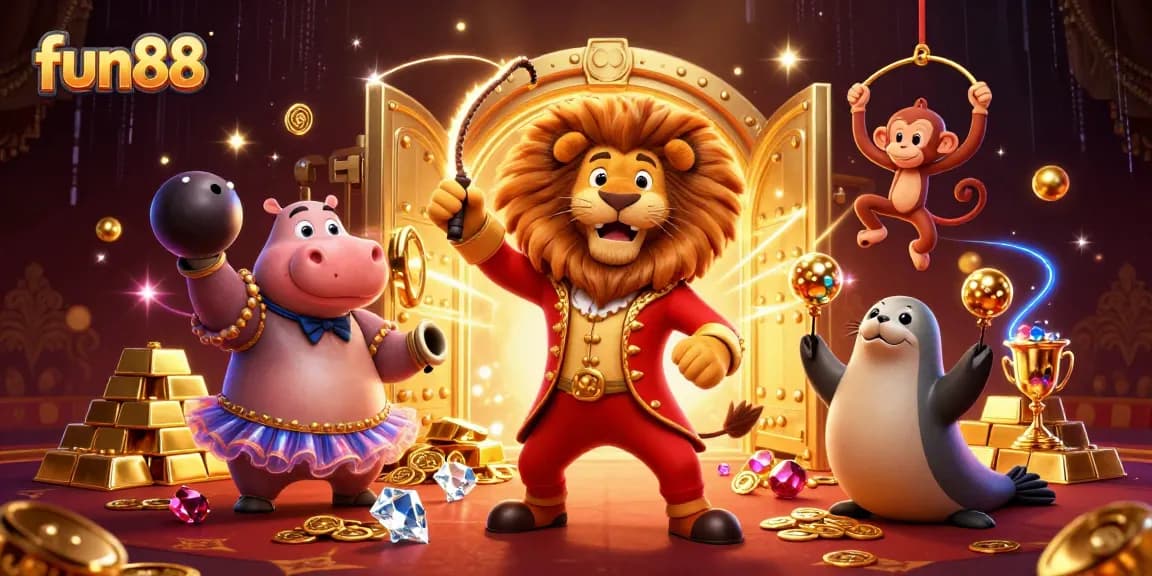 Experience fun88's vibrant casino energy with colorful characters and treasures in a dynamic scene.
