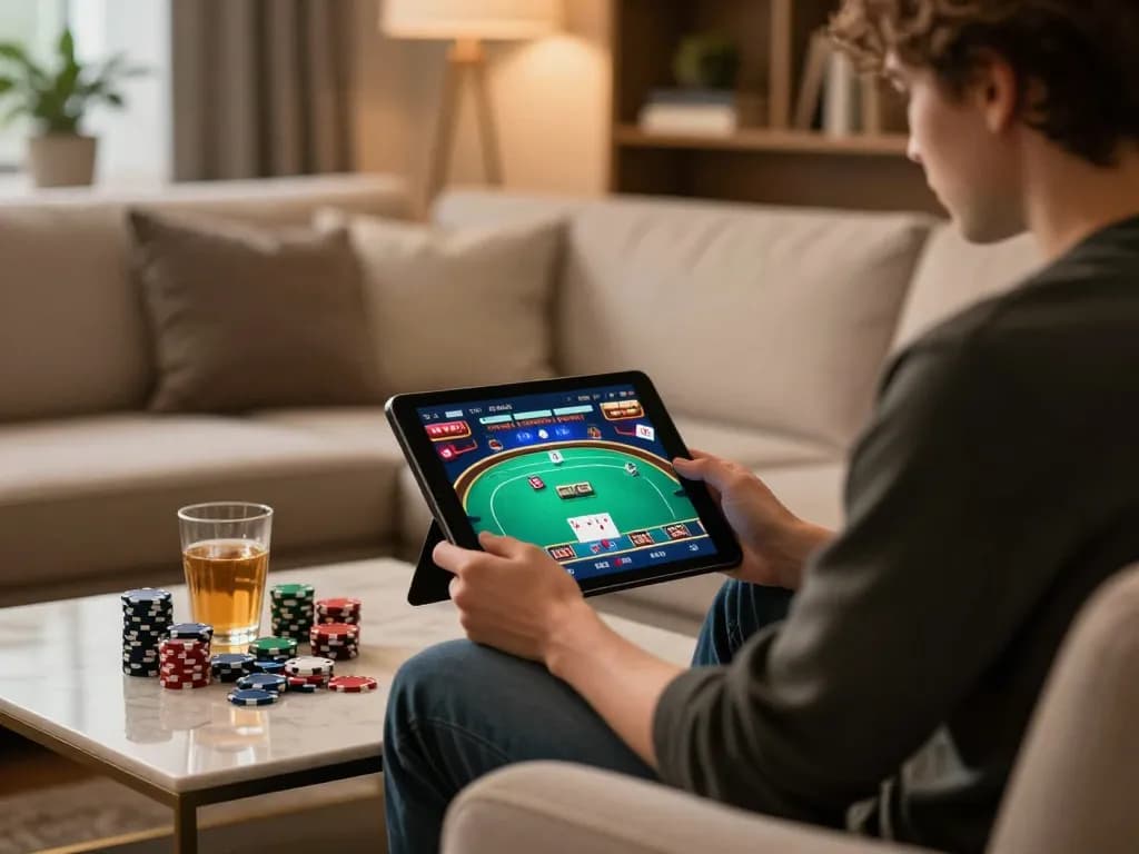 O8 players engaged in thrilling poker strategies at home with tablets and chips.