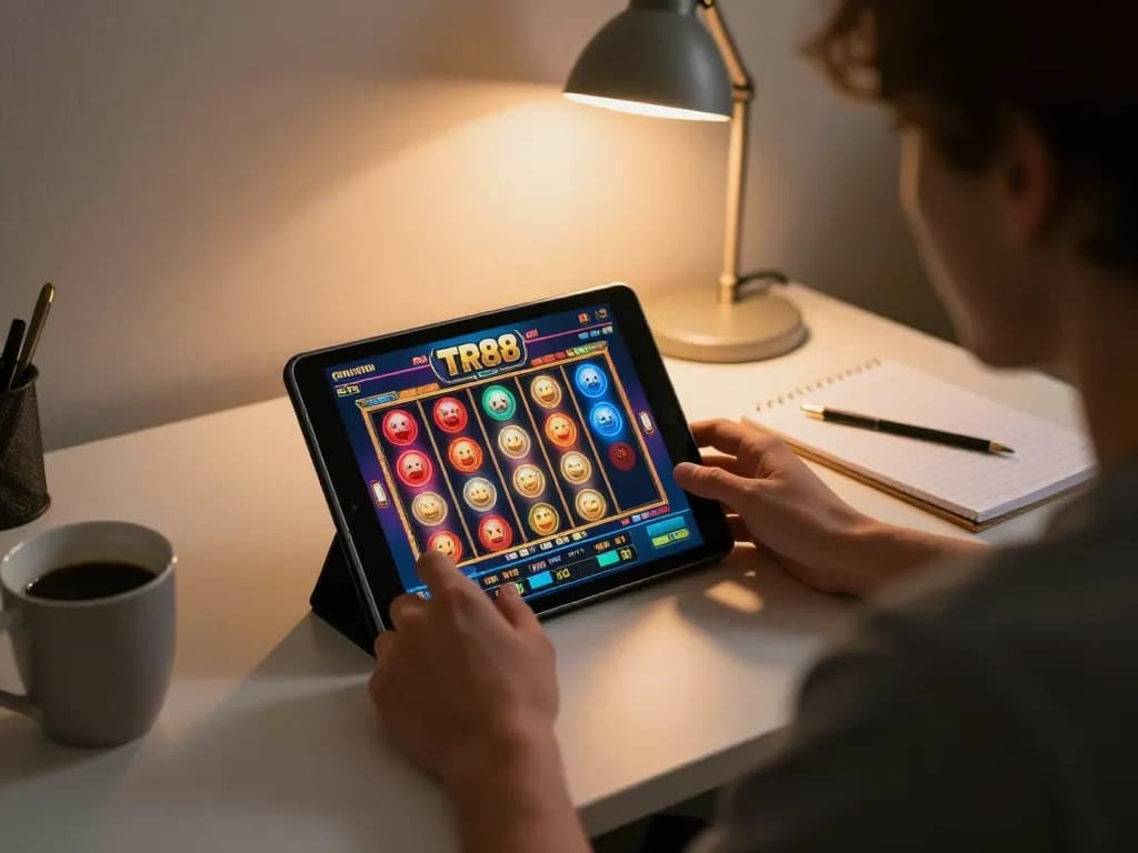 Player enjoying TR88 online casino slots on a tablet at home, showcasing vibrant game interface and betting notes.