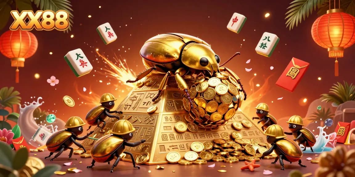 Experience the excitement of XX88 with a dynamic scene of cartoon beetles and casino elements.