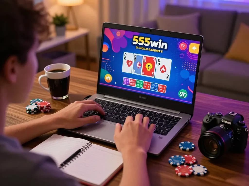 Engaging in live blackjack on 555win at home, showcasing responsible gaming.
