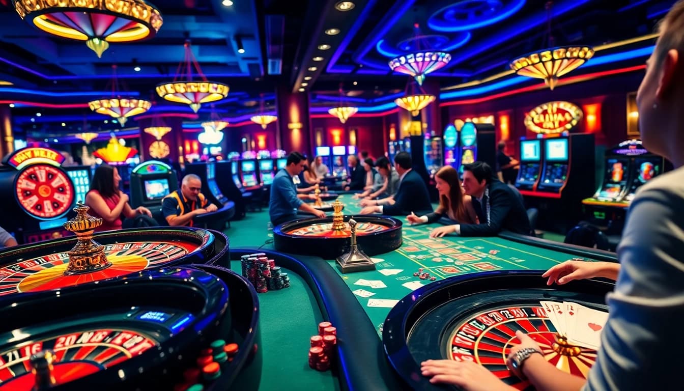 Exciting casino action showcasing a vibrant scene at https://nohu90vn2.com/ with roulette wheels and enthusiastic players.