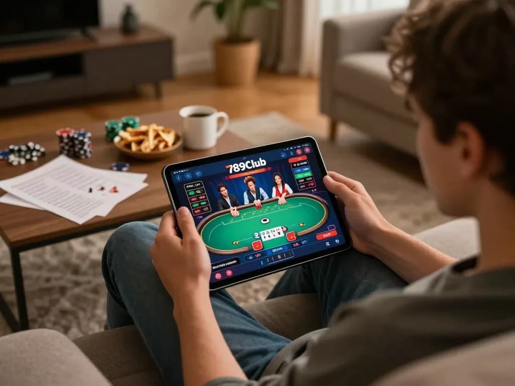 A player enjoying an exciting game at 789Club on their tablet, surrounded by a cozy home environment.