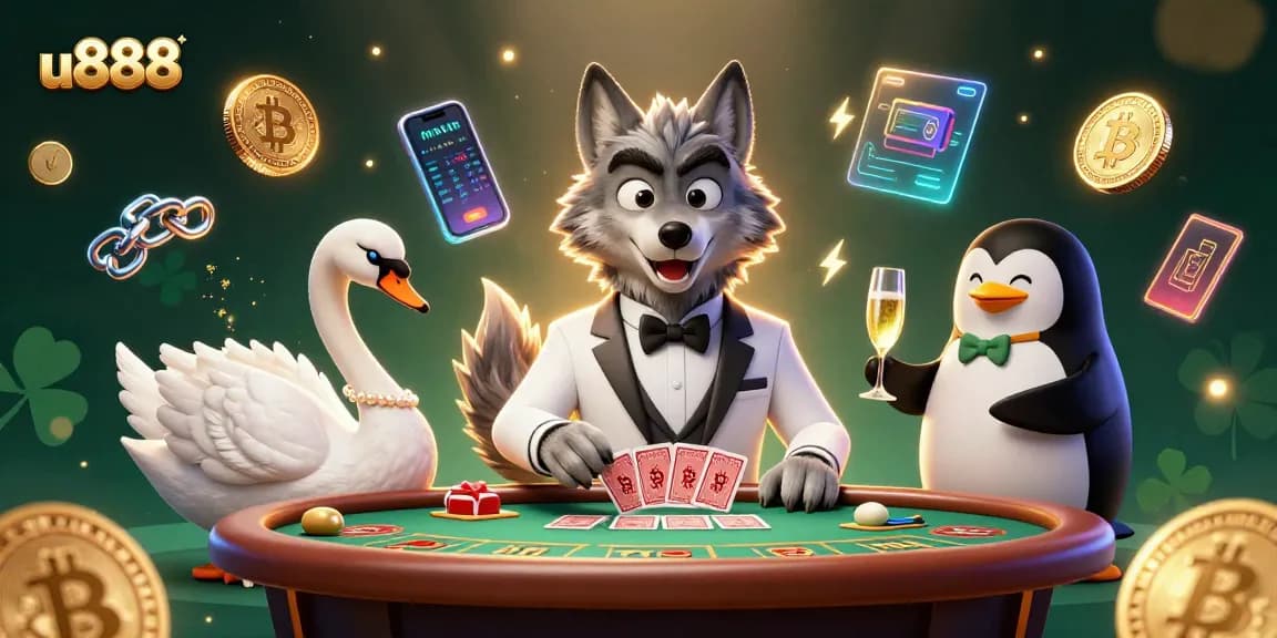 Engage with the vibrant u888 casino scene featuring cartoon characters and cryptocurrency elements!