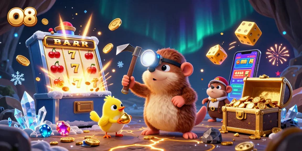 Join the adventure at O8 with a treasure hunter mole and canary amidst exploding jackpots and casino excitement.