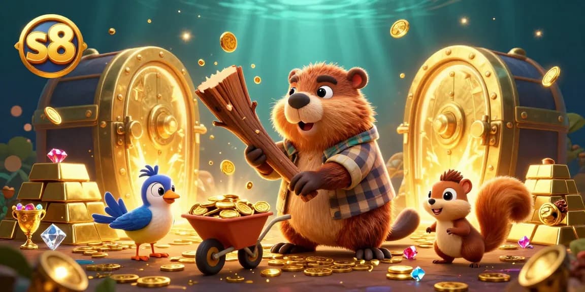 S8 offers exciting gains as a beaver embraces a casino adventure, winning coins amidst lavish treasures.
