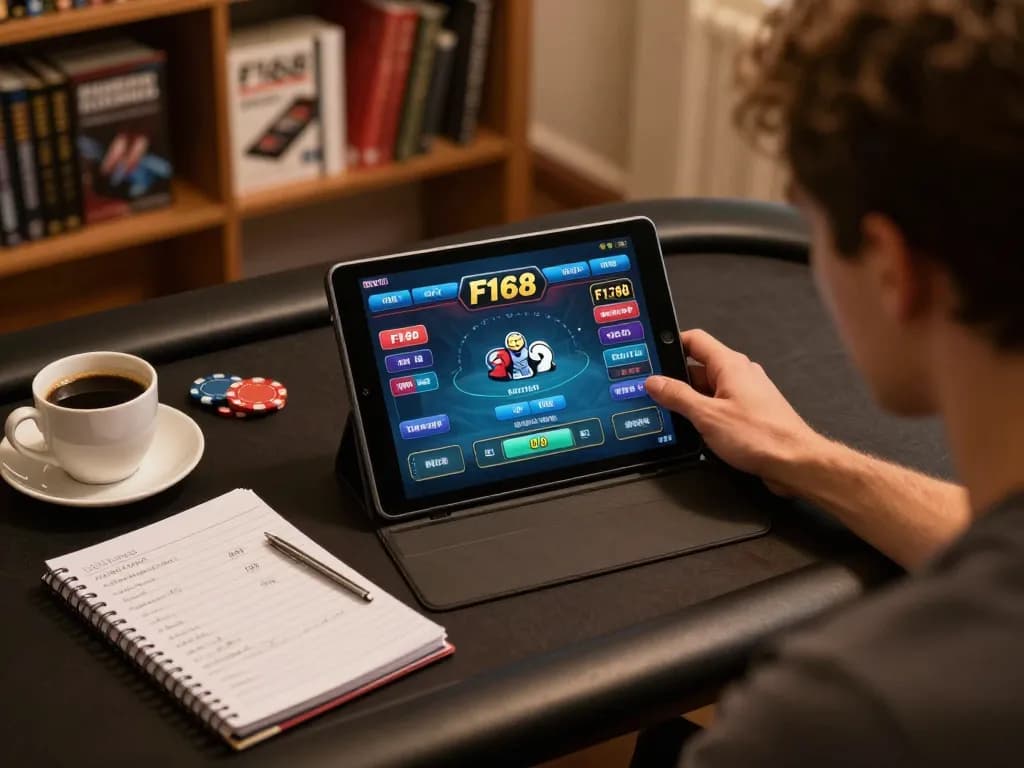 Player enjoying poker on F168 platform, strategizing with notes in cozy home office.