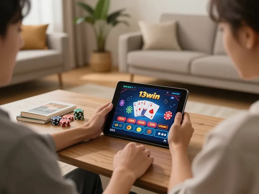 Engaged player exploring 13win online casino gaming from a cozy home setup.