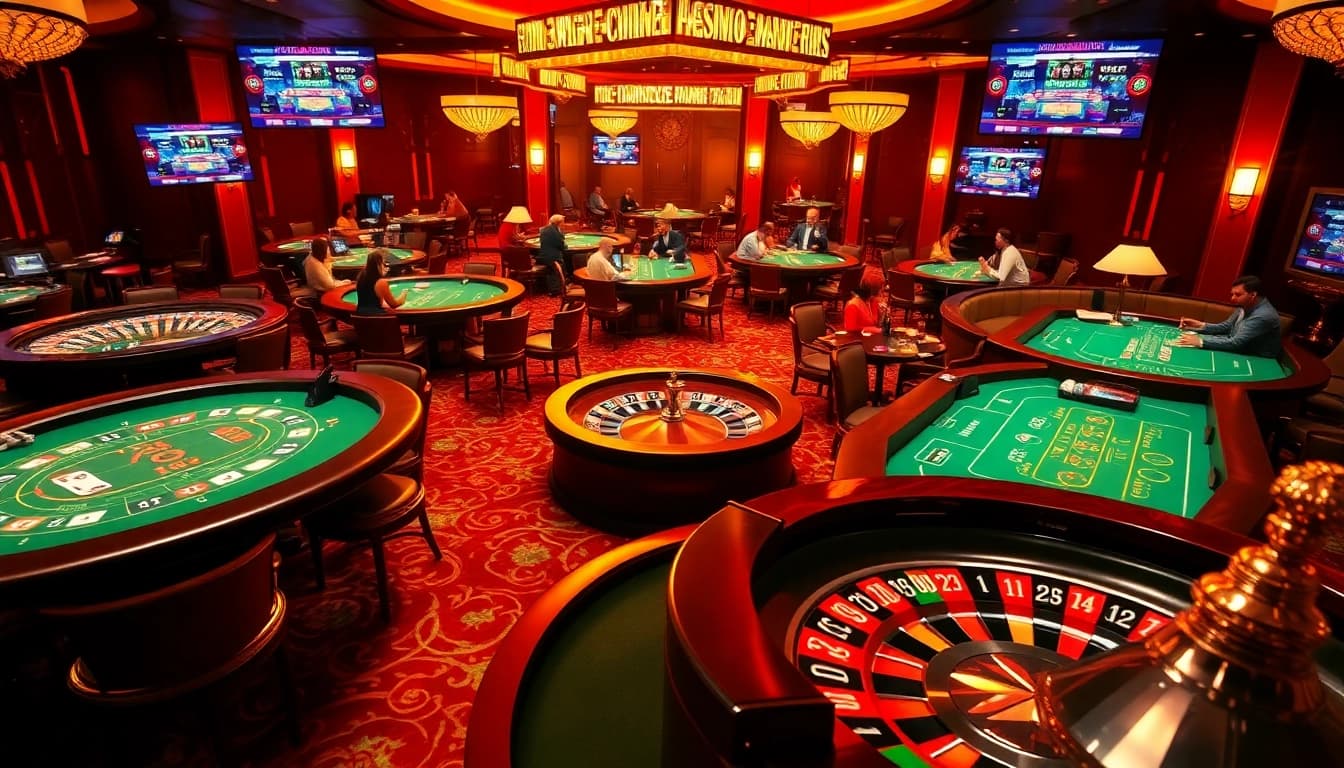 Exciting casino scene with players at tables and online interfaces for https://hitclub7.org/ showcasing vibrant gambling action.