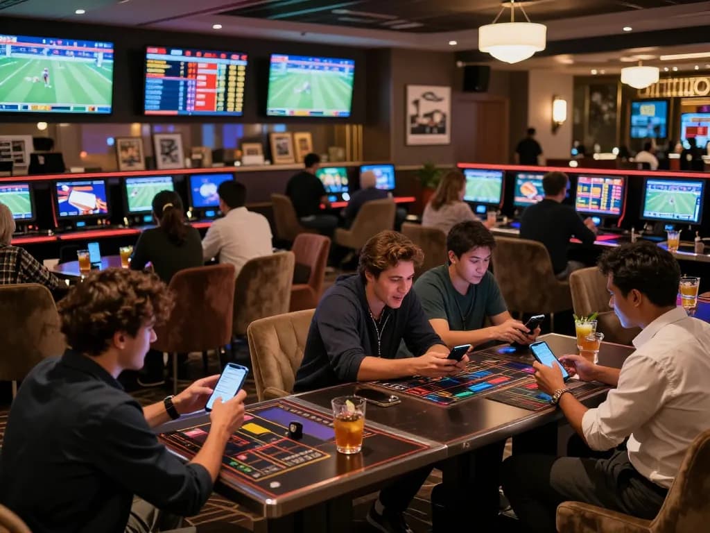 F8BET users placing bets in a vibrant sports lounge while watching live games.