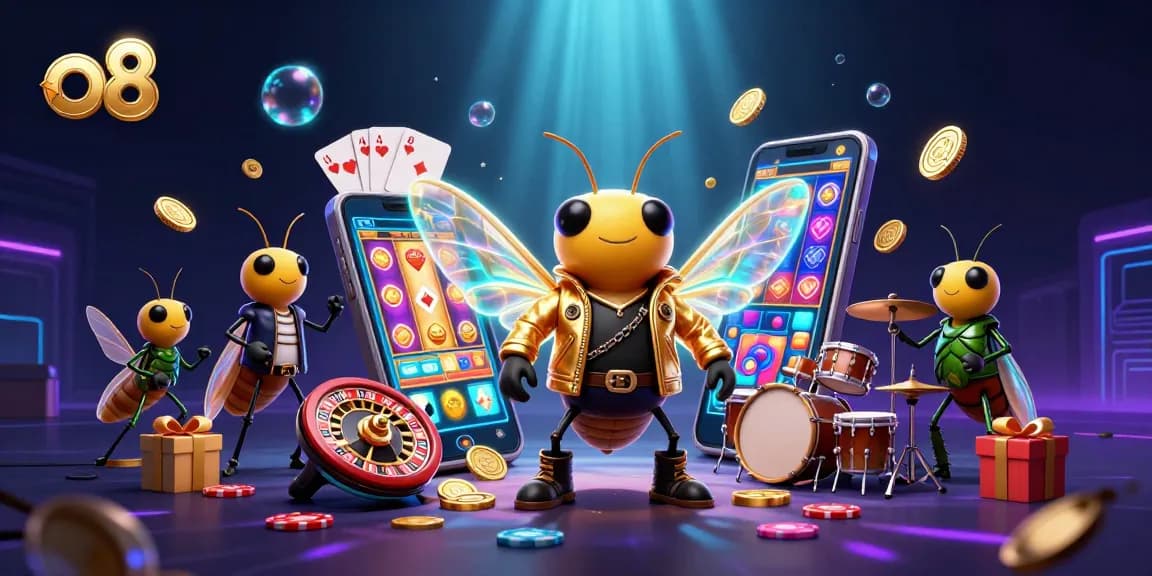 Experience thrilling gaming at o8 with a rockstar cicada celebrating at a vibrant casino scene.