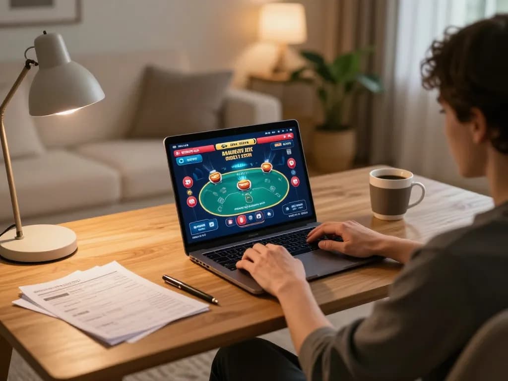 23Win player engaging in online poker game with strategic notes visible, highlighting home gaming atmosphere