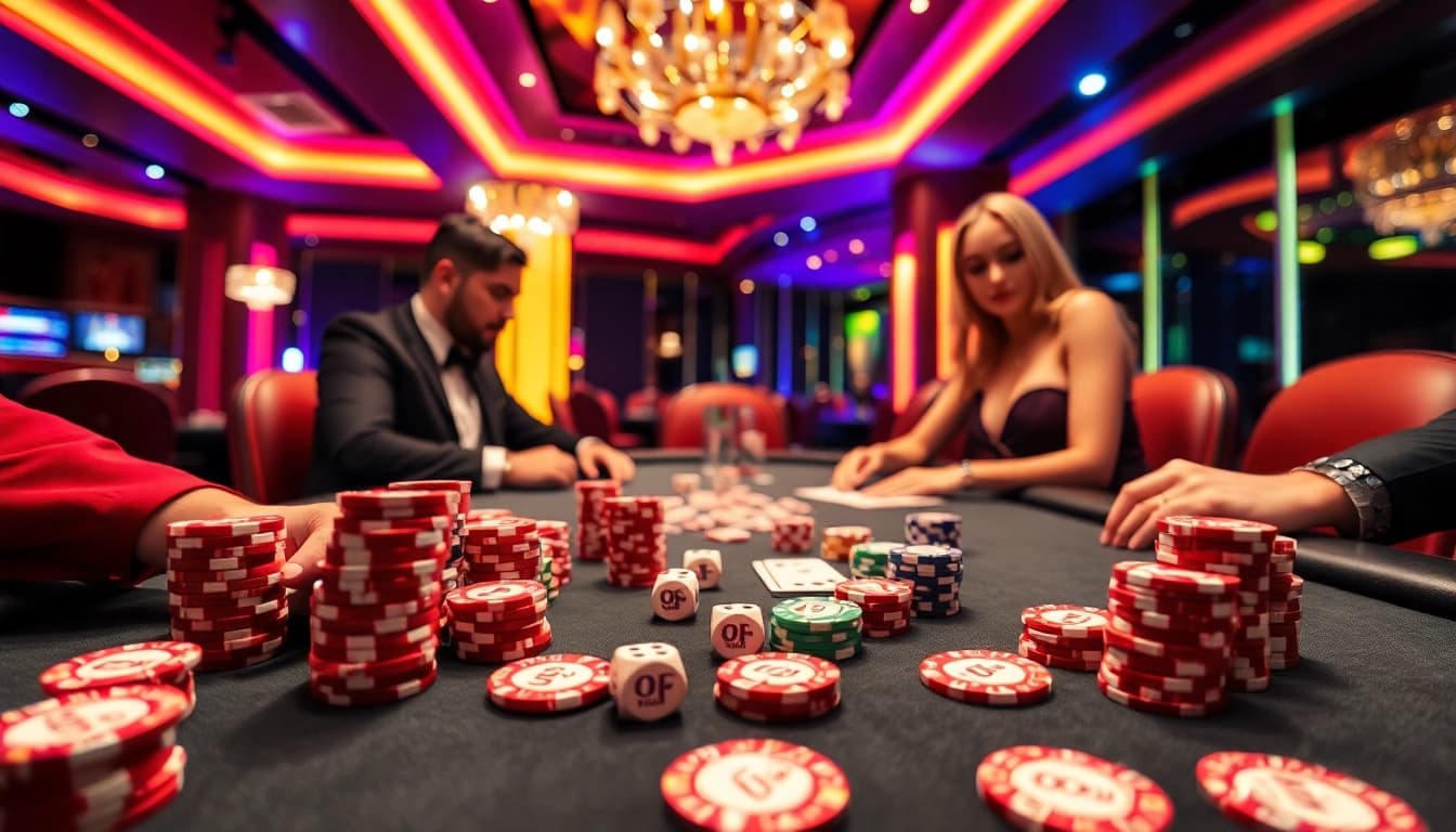 Players enjoying a thrilling poker game at OKFUN casino, showcasing vibrant chips and cards.