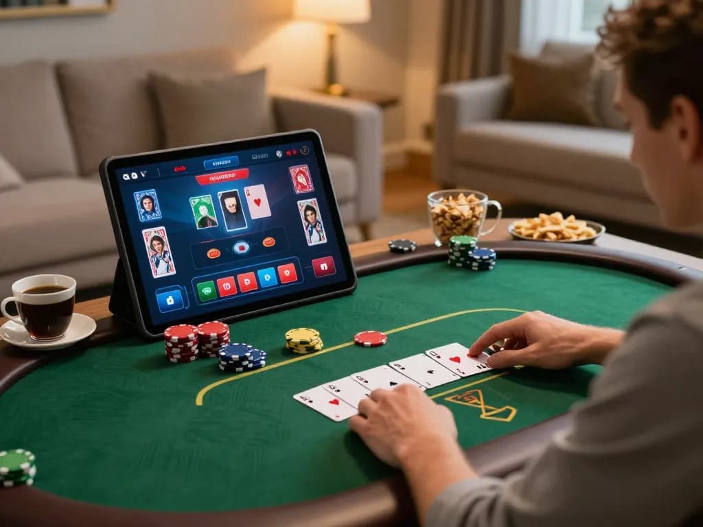 Player enjoying poker on 789club mobile app in cozy home setting with snacks.