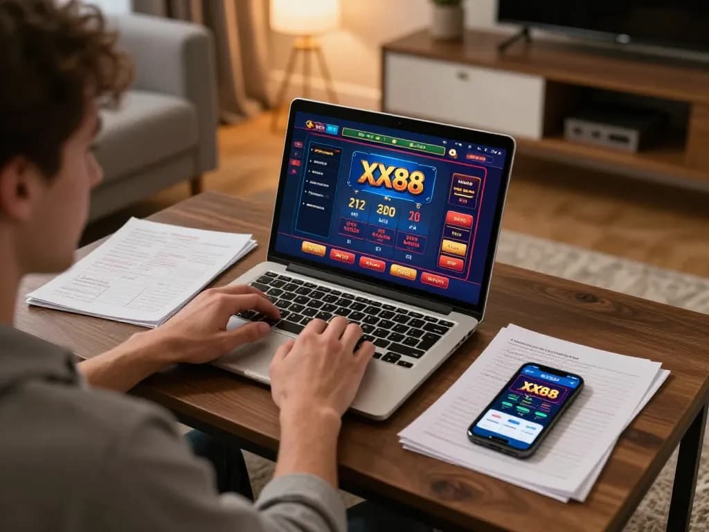 Engaging online gaming with XX88 platform at home, a player strategizing their bets.