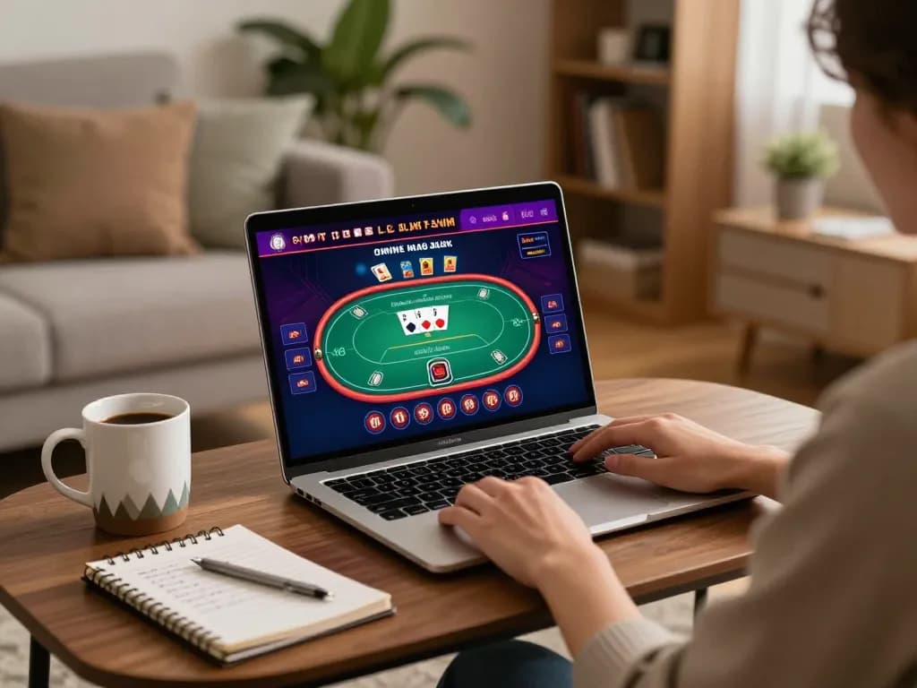 Engaged player at https://cherubs.eu.com/ using laptop for an online poker game in a cozy living room.