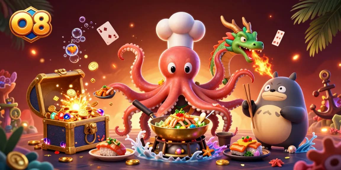 O8 players winning with vibrant casino elements in an exciting 3D illustration.