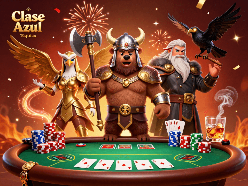 Engage with Clase Azul Tequila at this lively poker table scene filled with excitement and details.