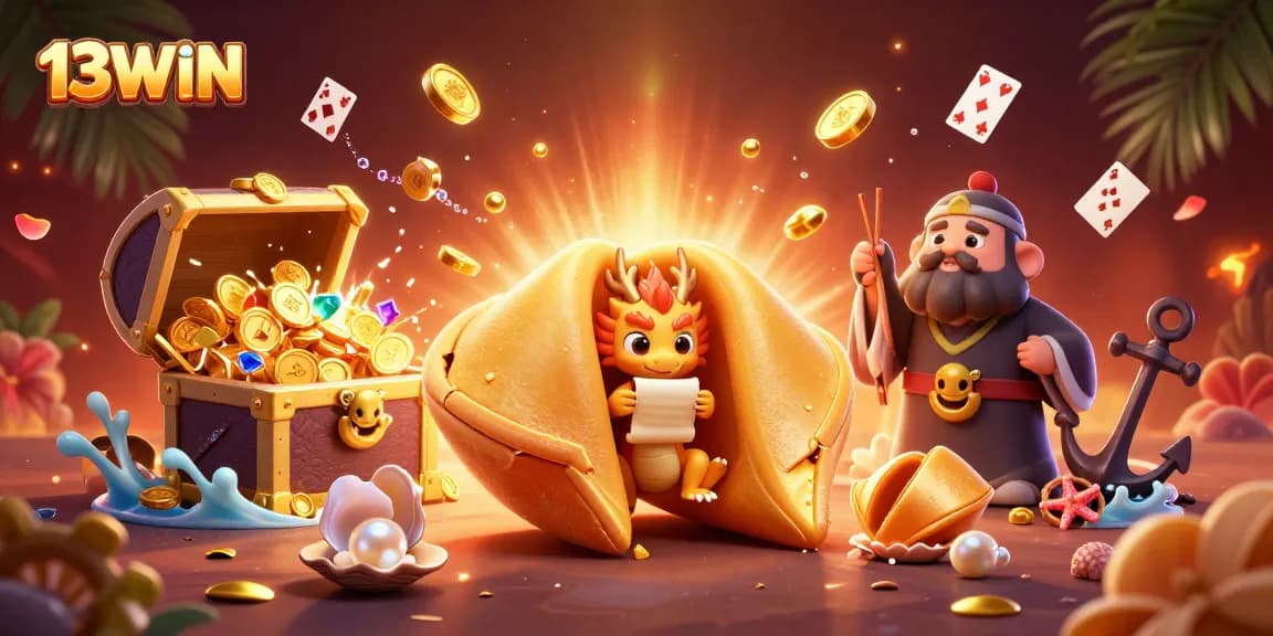 Engage in winnings with 13WIN as a gold cookie reveals fortune while vibrant casino games bring excitement.