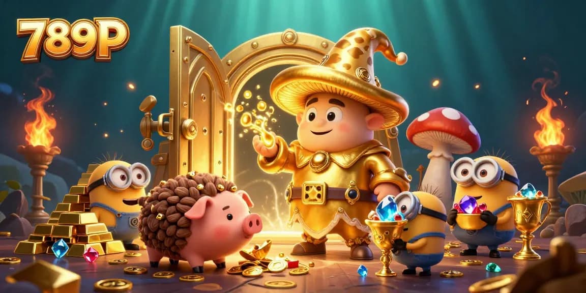 Engage with a vibrant 789P casino scene showcasing a magical mushroom wizard, treasure, and dynamic gaming elements.