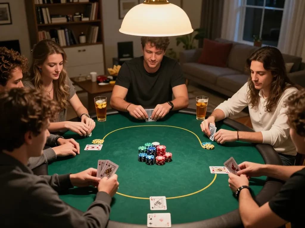 KUWIN home poker night with friends playing Texas Hold'em in cozy atmosphere