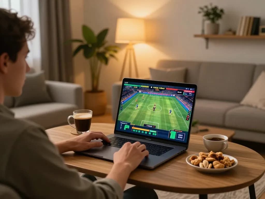 Người đang sử dụng Link 12bet trên máy tính xách tay để cược thể thao tại nhà, không gian ấm cúng với ánh sáng nhẹ nhàng.