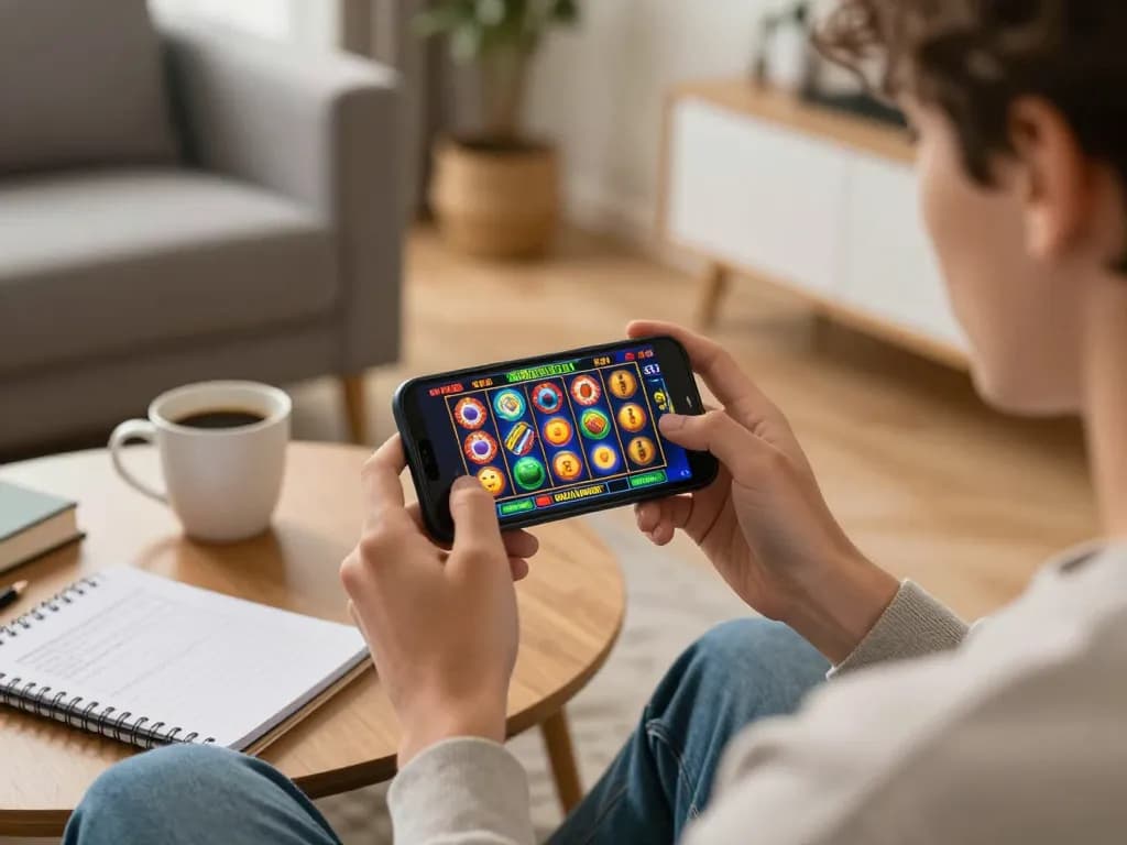 LLWIN player enjoying mobile slots in a cozy living room with exciting game graphics.