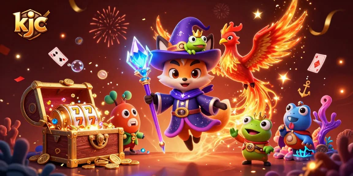 Spin the lucky slot reels with kjc's magical wizard fox and phoenix in a dazzling casino scene.